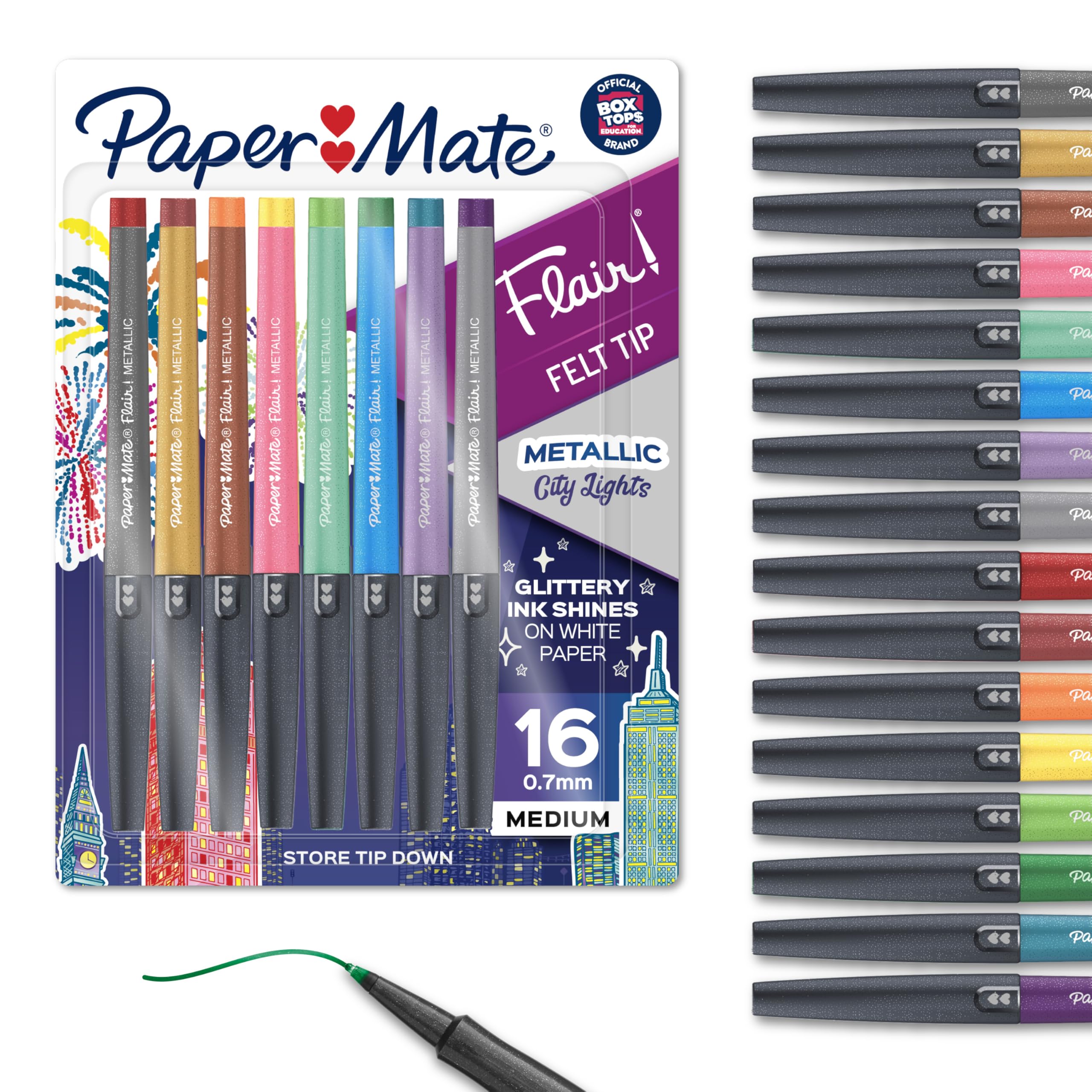 Paper Mate Flair City Lights pack front shows glittery pens ready for bold notes