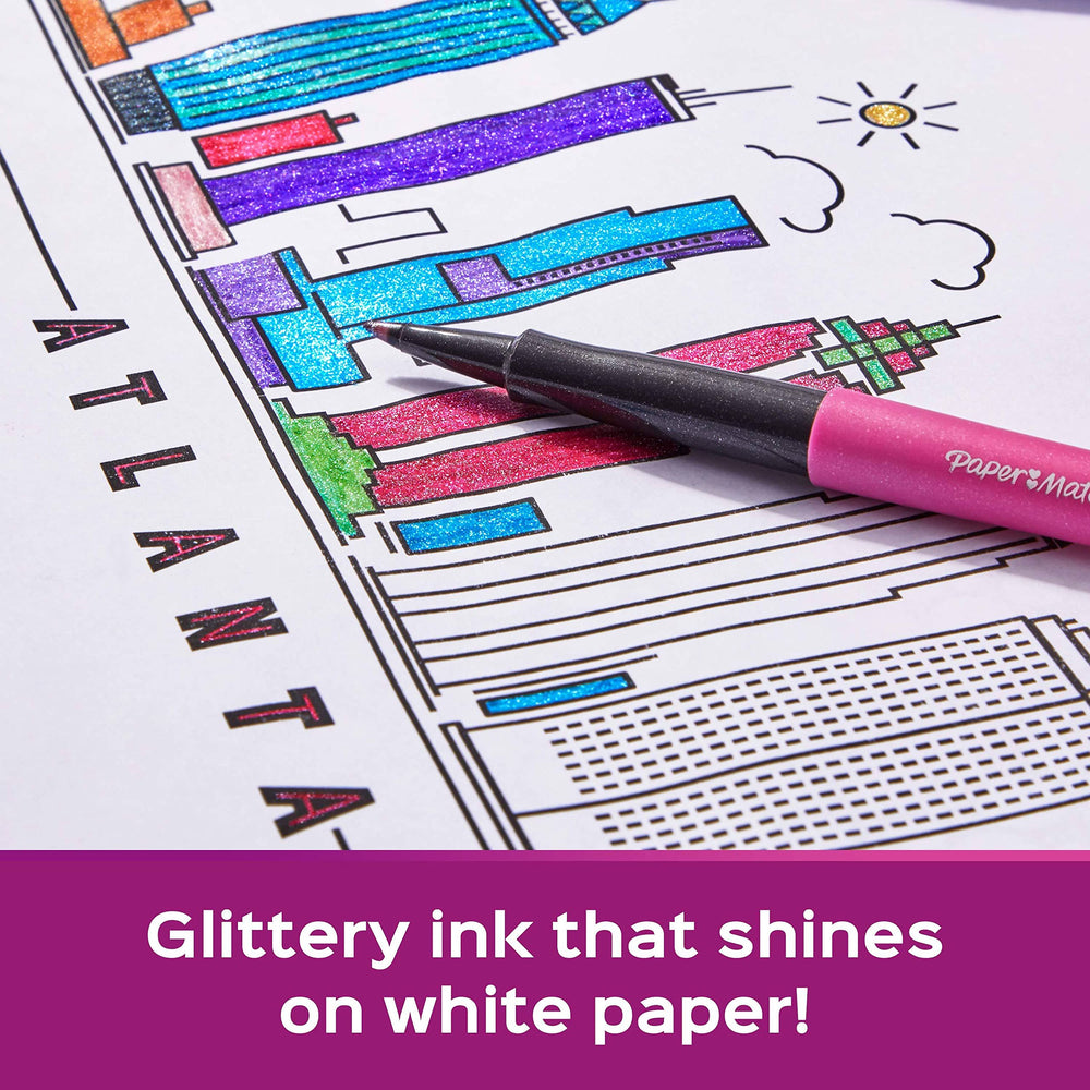 Paper Mate Flair metallic ink close-up highlights sparkling color on white paper