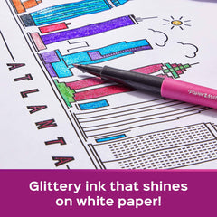 Paper Mate Flair metallic ink close-up highlights sparkling color on white paper