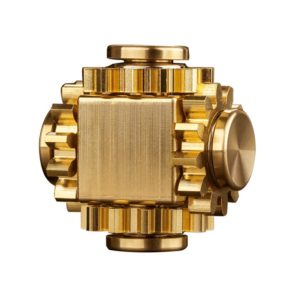 PAPUKA Pure Brass Cube Gears spinner, side view, showcasing intricate linkage for tactile focus.