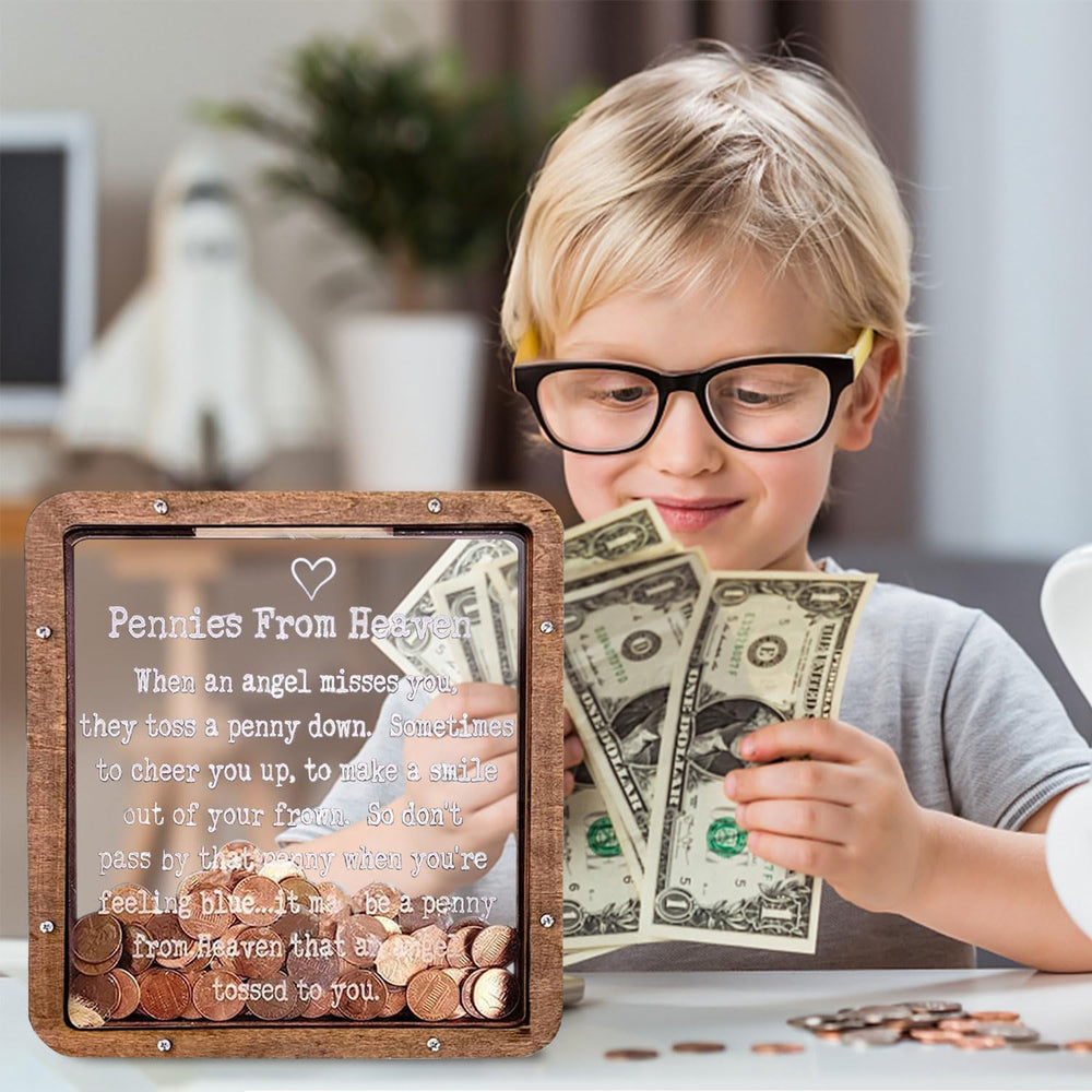 Paradise Pennies From Heaven Bank with clear acrylic panel showing engraved detail.