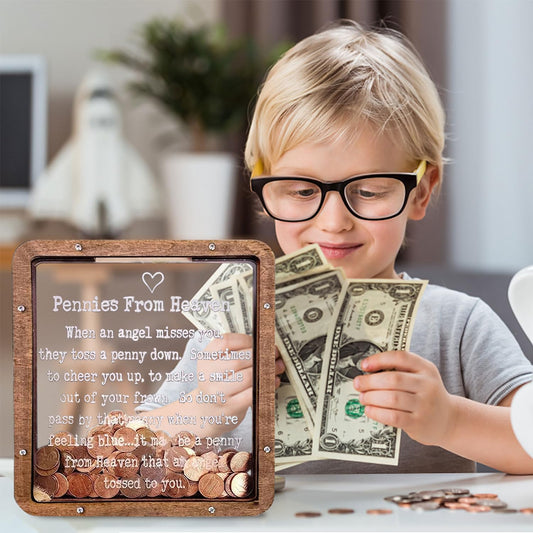 Paradise Pennies From Heaven Bank with clear acrylic panel showing engraved detail.