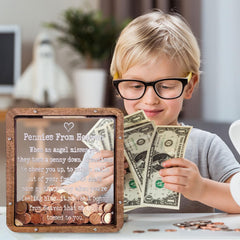 Paradise Pennies From Heaven Bank with clear acrylic panel showing engraved detail.
