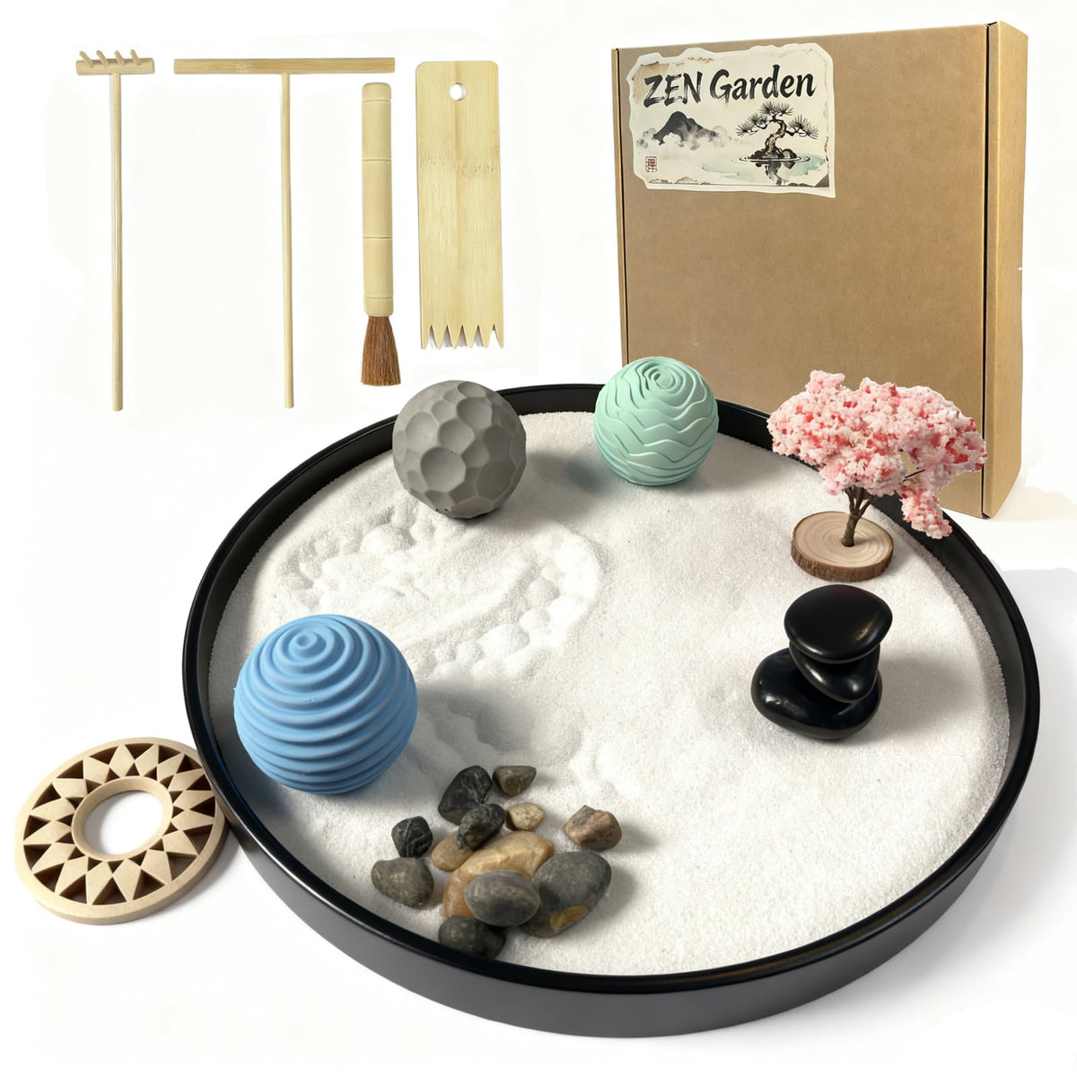 Parallel Halo Desktop Zen Garden with 3 pattern spheres for calming desk decor