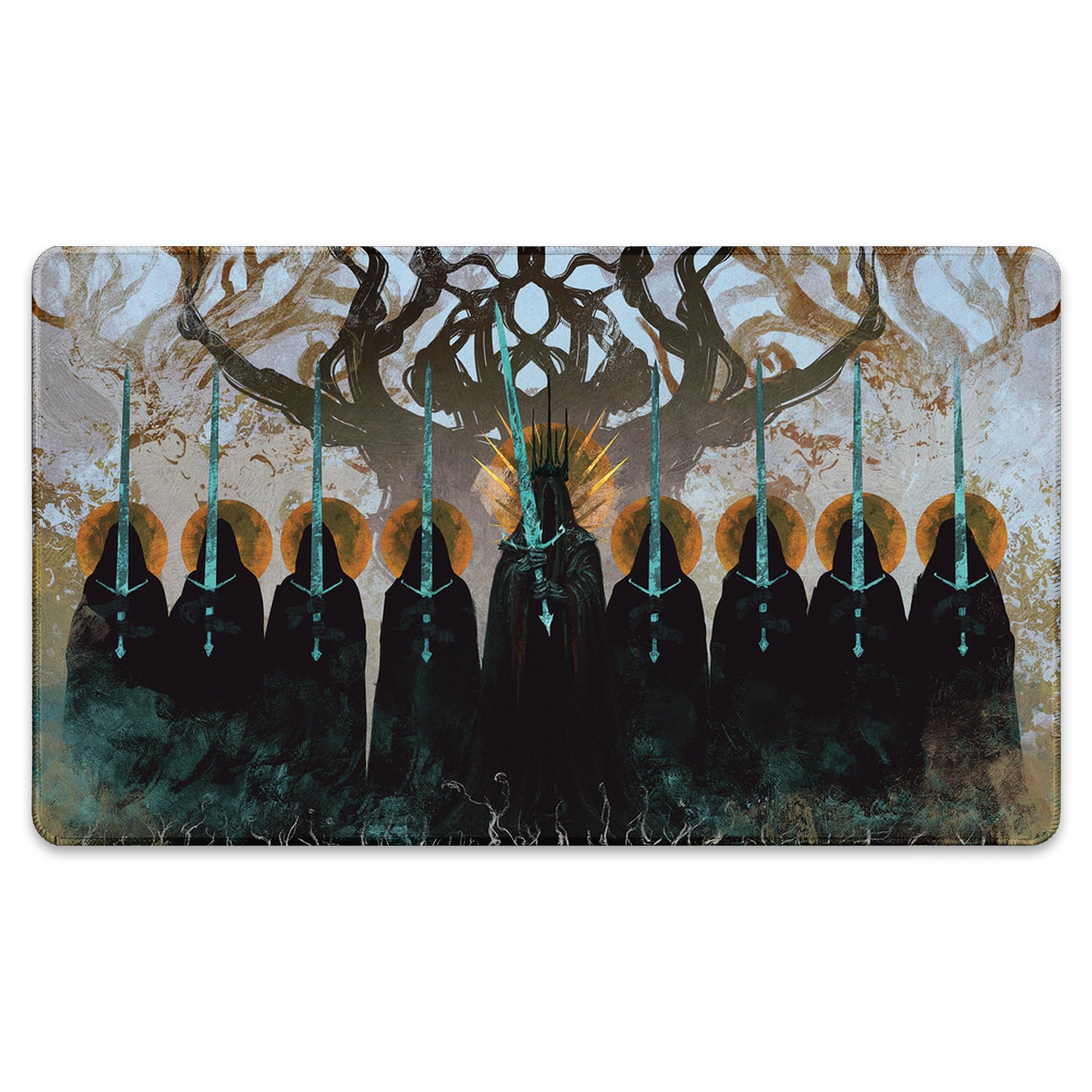 Paramint The Nine Black Riders stitched playmat edge closeup shows durable anti-fray stitching