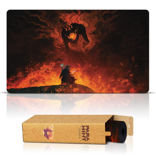 Paramint Shadow and Flame stitched playmat offers a durable surface for tournament play.