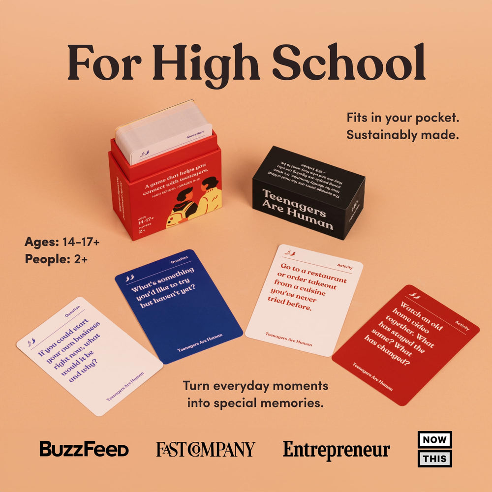 Parents Are Human 140 card spread highlights diverse questions for engaging teen conversations.
