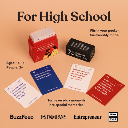 Parents Are Human 140 card spread highlights diverse questions for engaging teen conversations.