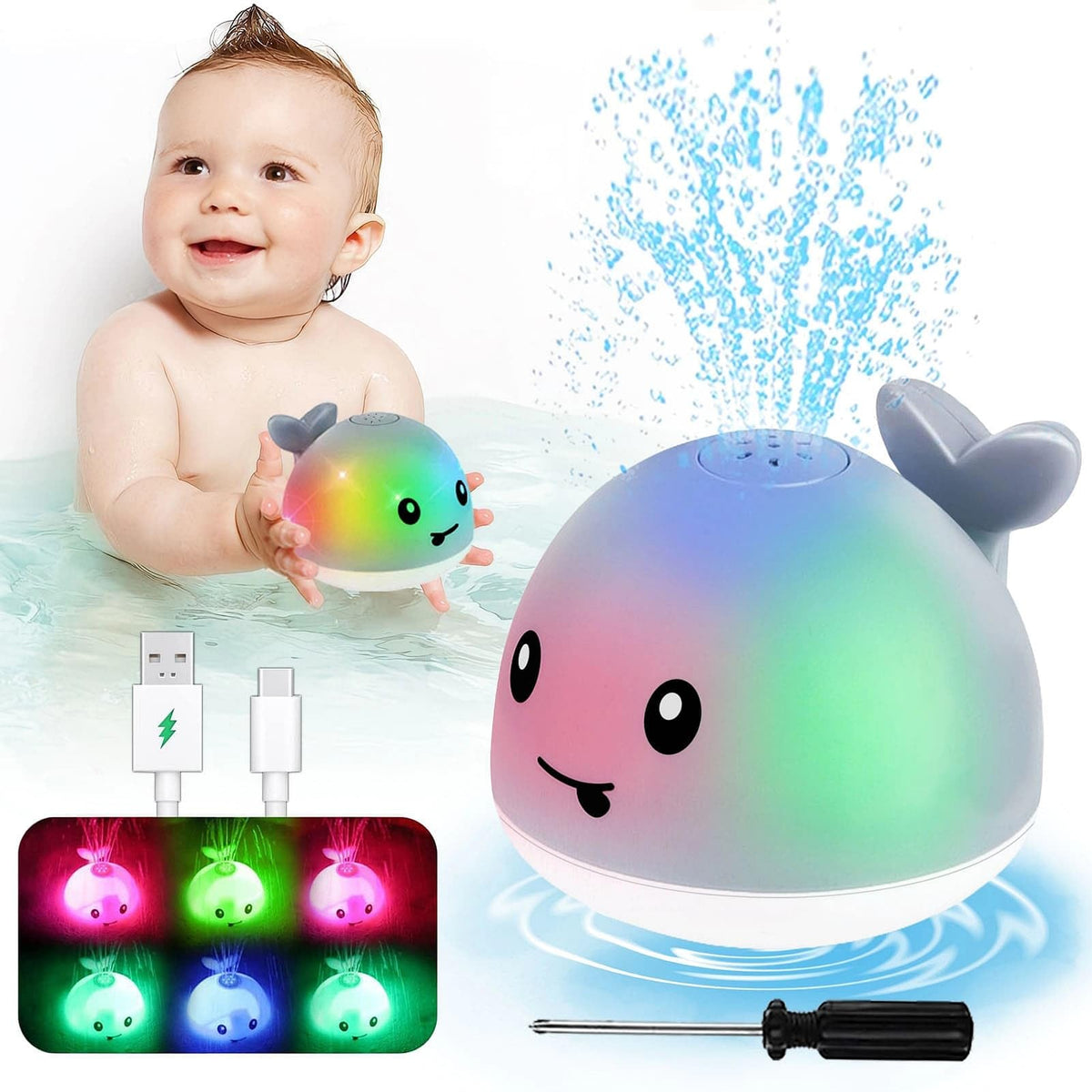 Parhilyar whale bath toy sprinkler lights up during bath time, engaging toddlers.