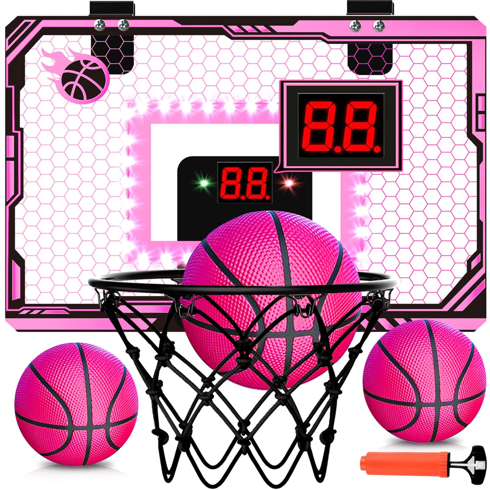 PAROTO indoor basketball hoop with pink LED rim for engaging playtime.