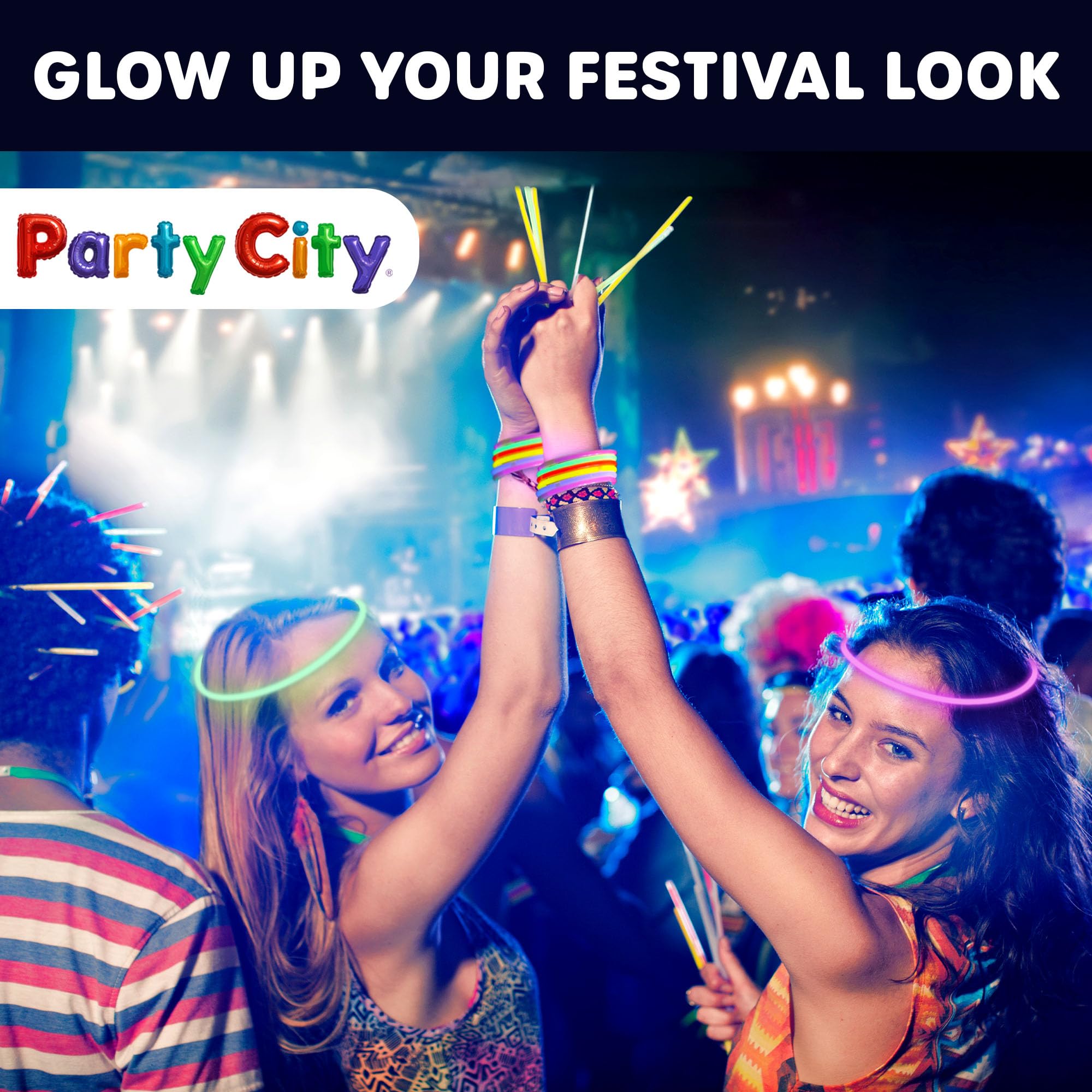 Party City neon-lit party scene with glow sticks and smiles