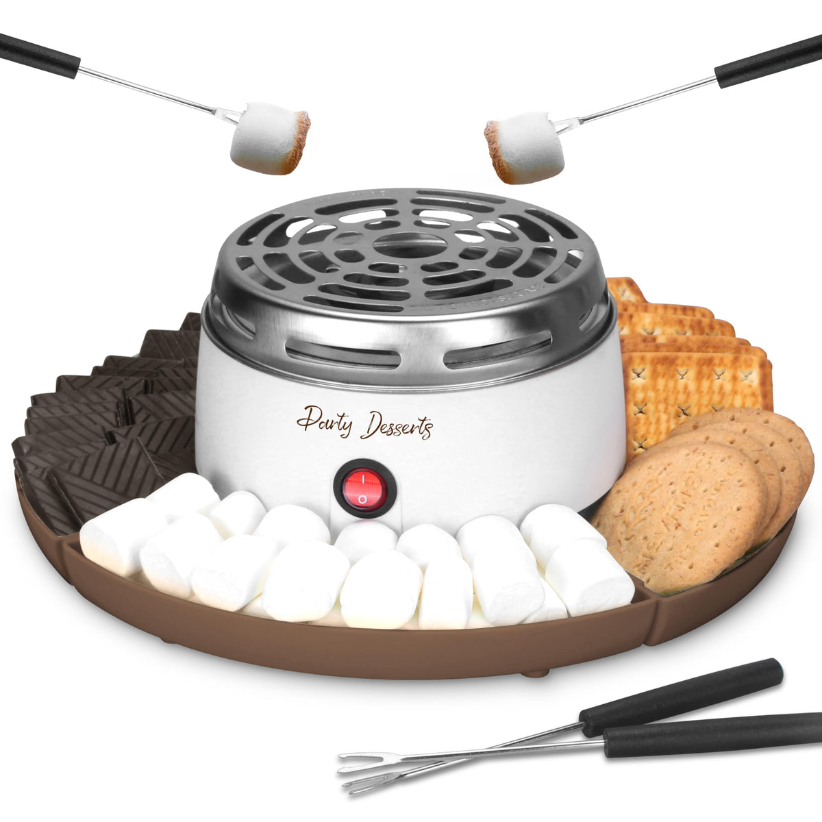 Party Desserts electric s’mores maker on table for flame-free indoor gatherings