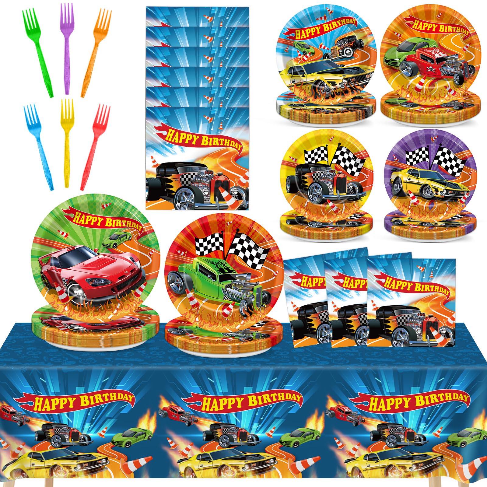 Party Greeting race car dinner plates for a kid's birthday with bold designs.