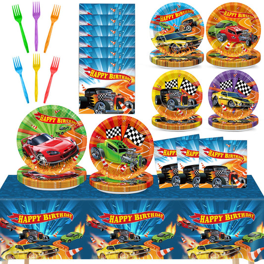 Party Greeting race car dinner plates for a kid's birthday with bold designs.