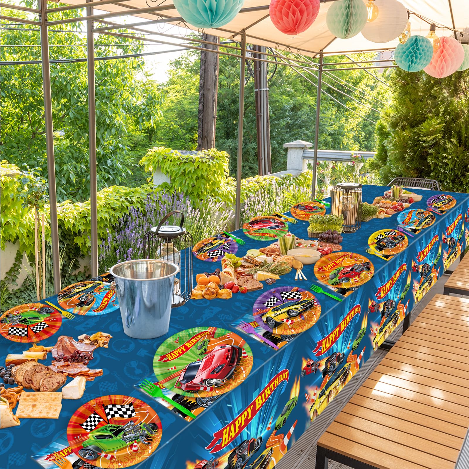Party Greeting race car tablecloths protect surfaces during celebrations.