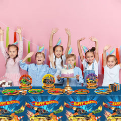 Party Greeting racetrack table cover enhances the racing vibe at events.