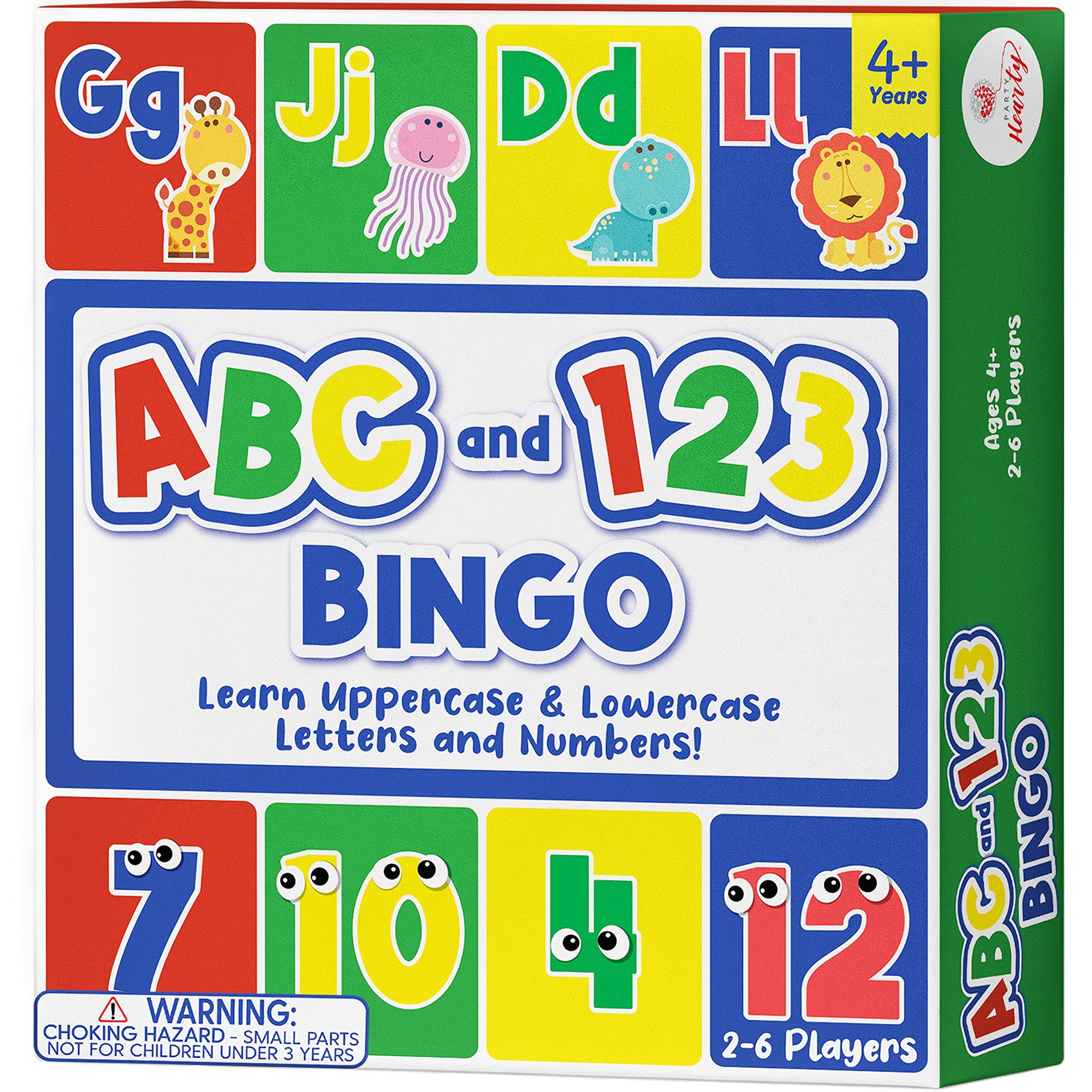 Party Hearty Alphabet and Number Bingo board, colorful and engaging for early literacy and numeracy.