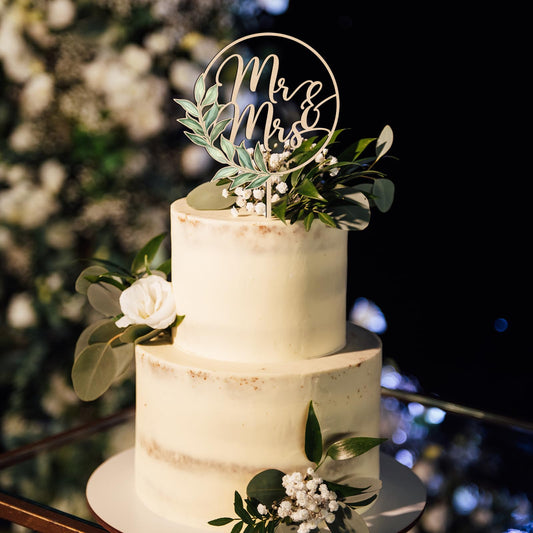 Party to Be Mr and Mrs Greeny wood cake topper on cake showing ideal 6–8 inch fit