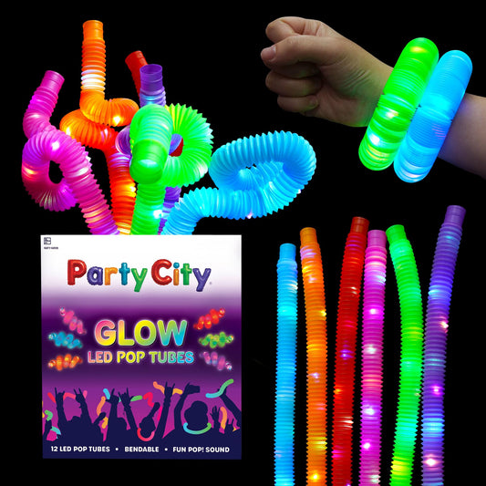 Party City 12-pack LED light-up pop tubes stretched to 25 inches for party fun and playtime