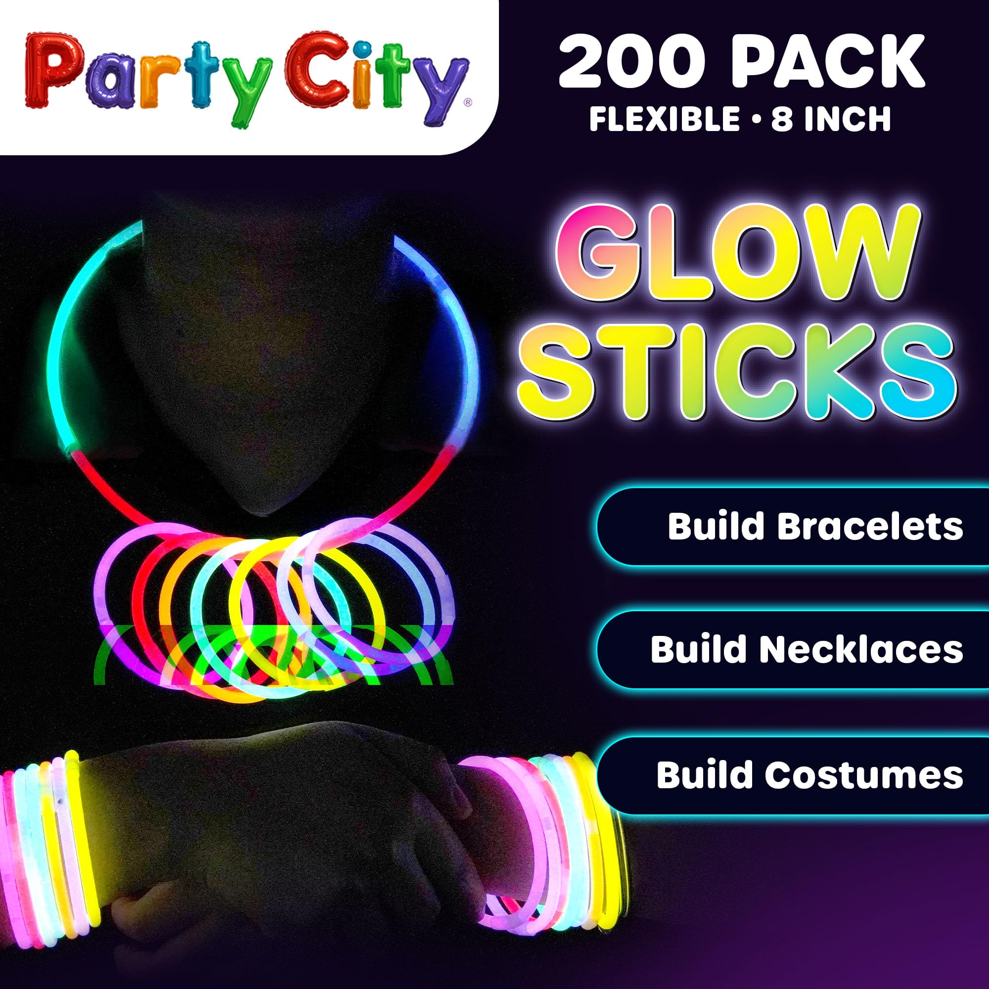 Party City glow-stick connectors enable wearable bracelets and necklaces.
