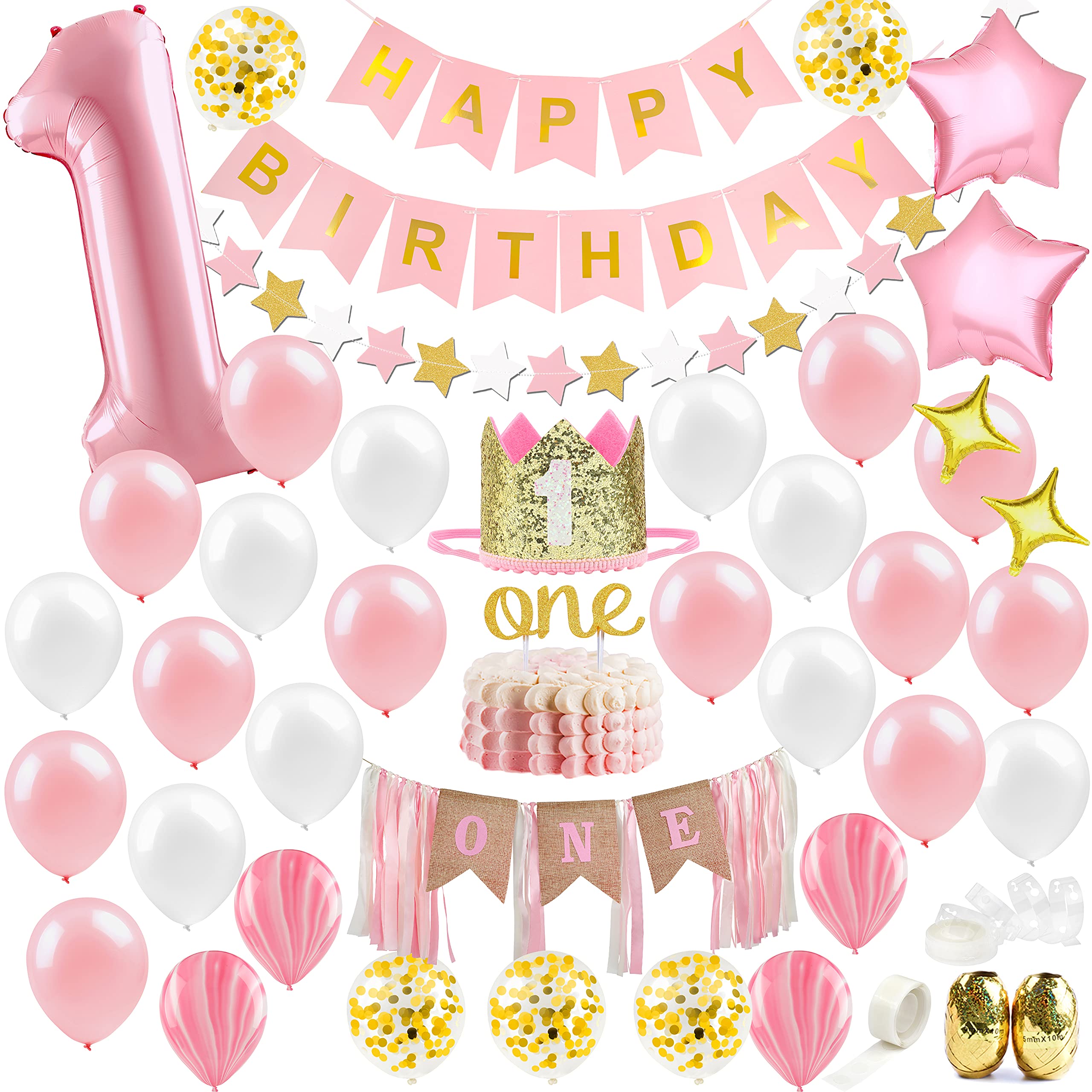 PartyHooman No1 foil balloon adds a bold focal point for a girl first birthday