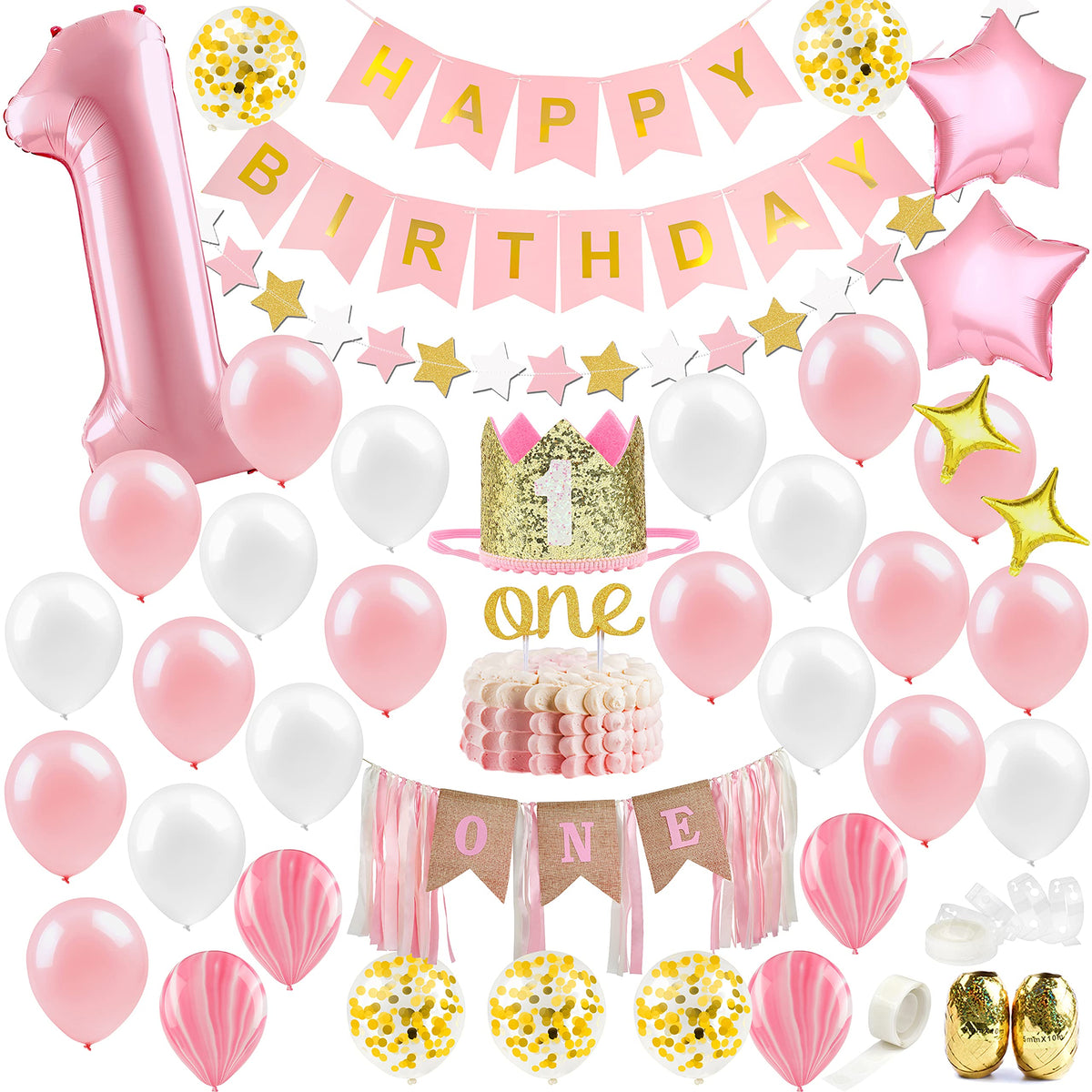 PartyHooman No1 foil balloon adds a bold focal point for a girl first birthday