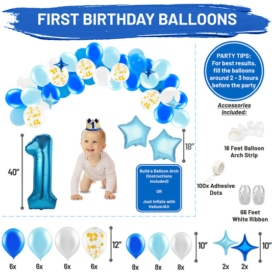 PartyHooman royal blue, white, and gold balloons create timeless decor.