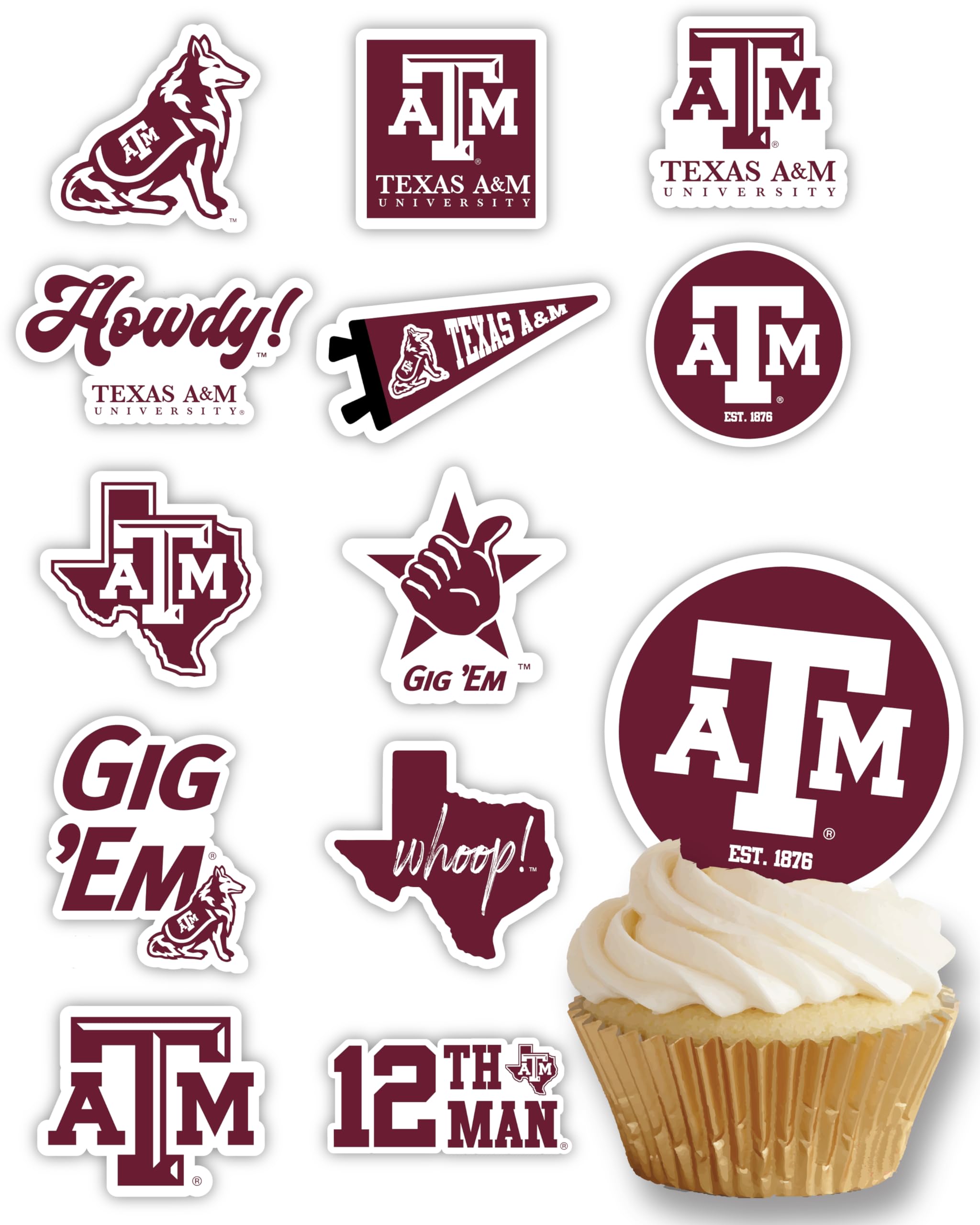 PartyKandy Texas A&M cupcake topper set on cupcakes for a festive game day display.