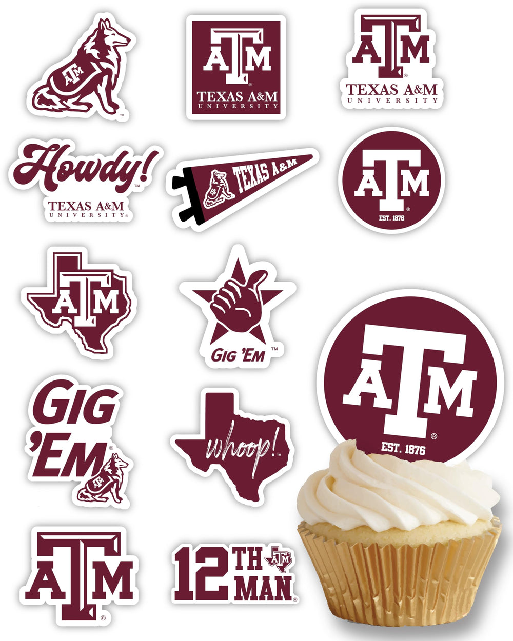 PartyKandy Texas A&M cupcake topper set on cupcakes for a festive game day display.