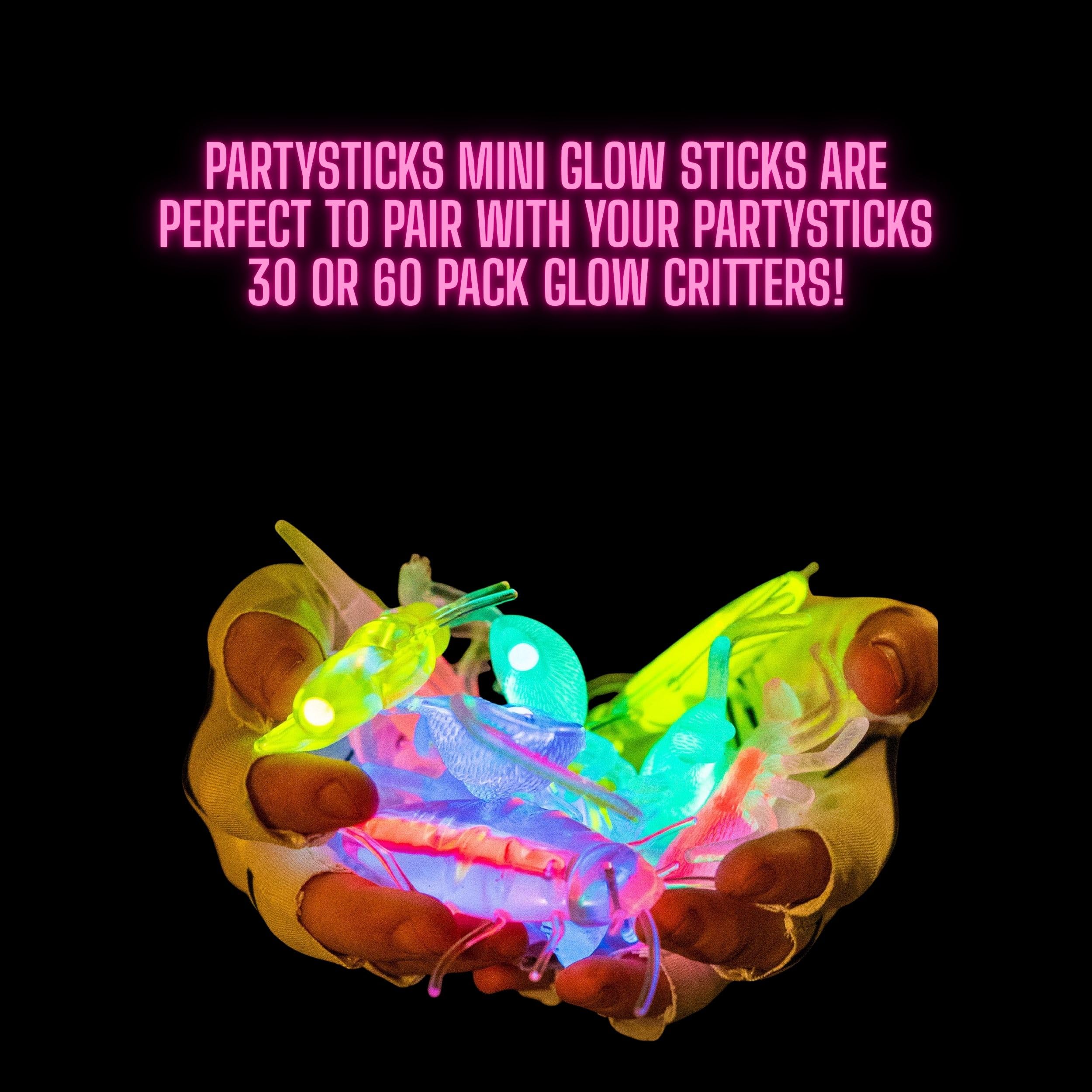 PartySticks activation glow sticks showing snap, bend, and shake to light up.