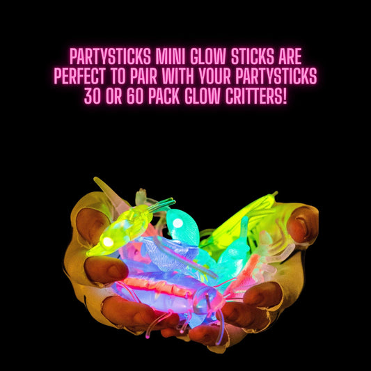 PartySticks activation glow sticks showing snap, bend, and shake to light up.