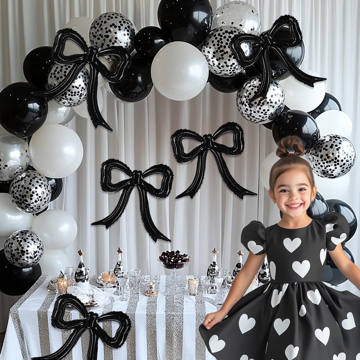 PartyXpress black-white theme bow balloons pair with shimmer garlands for elegant setups.