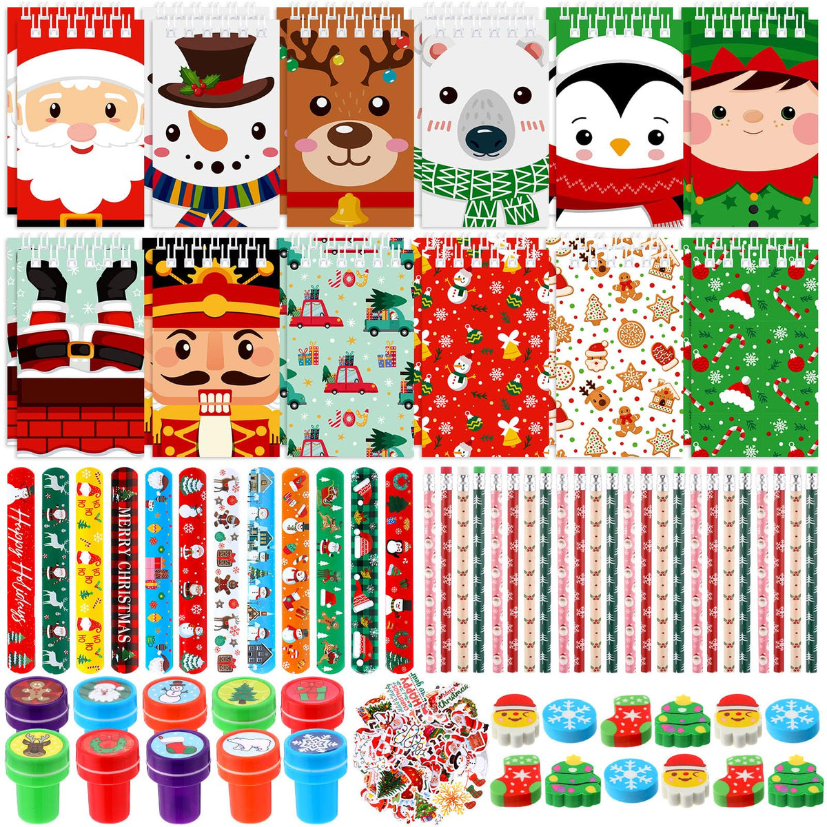 Pasimy 170-pcs Christmas stationery set shown as a full festive assortment for gifting and party prizes.