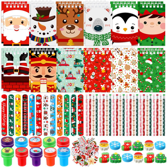 Pasimy 170-pcs Christmas stationery set shown as a full festive assortment for gifting and party prizes.
