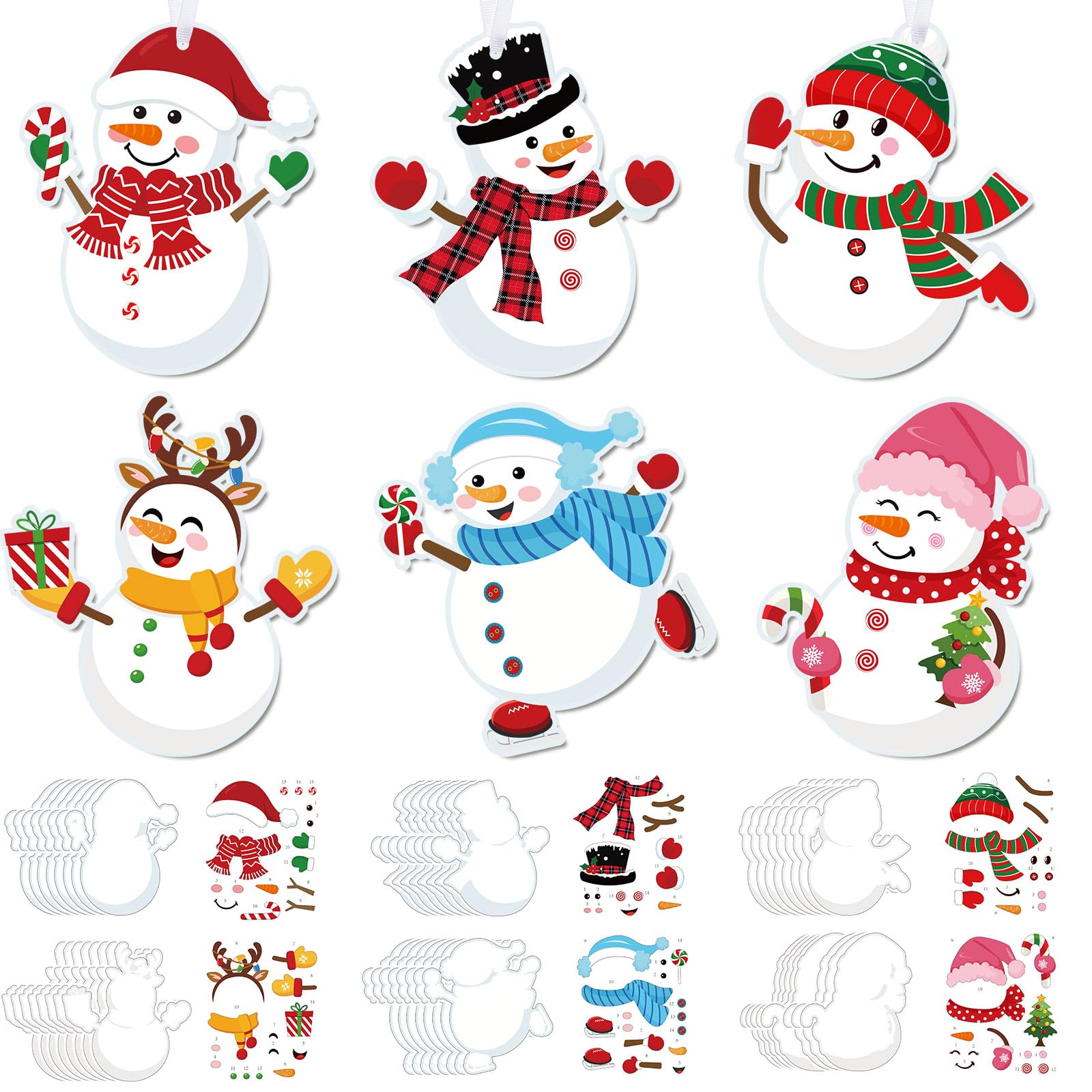 Pasimy 48pcs Christmas snowman kit with six sticker styles for quick DIY decorations.
