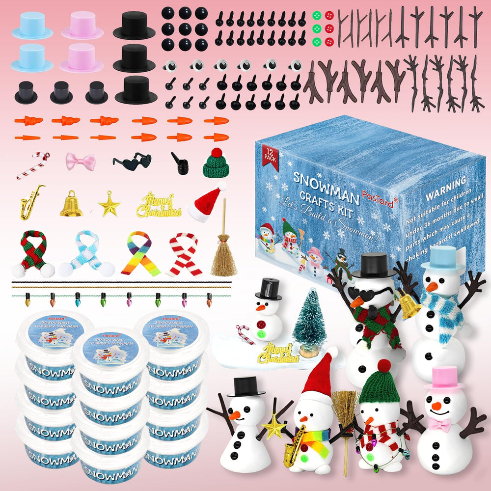 Pastard snowman kit-12-styles laid out for festive family crafting.