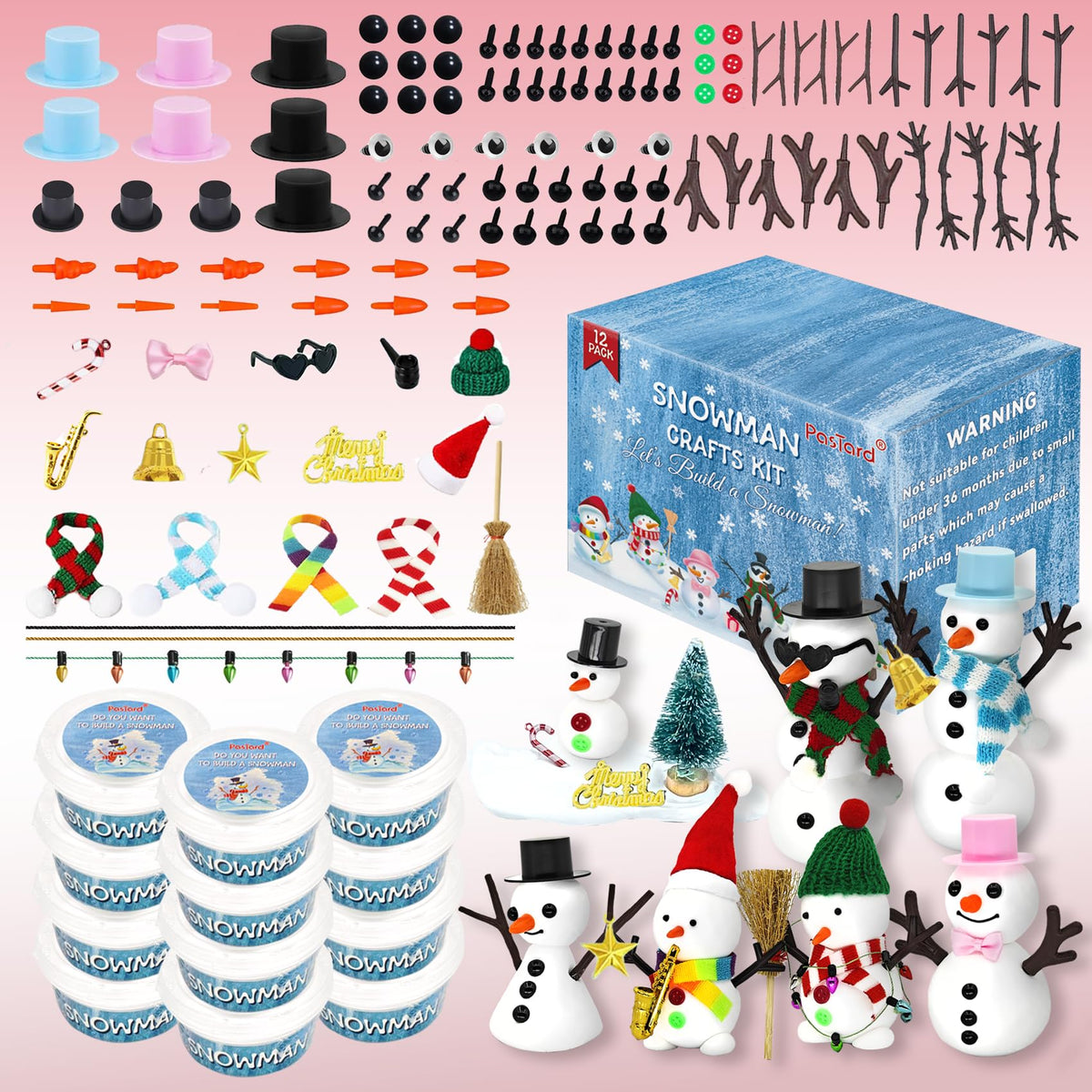 Pastard snowman kit-12-styles laid out for festive family crafting.