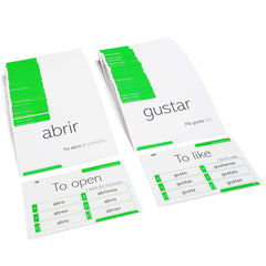 Pat's Flash Cards back shows translations and conjugations for study.