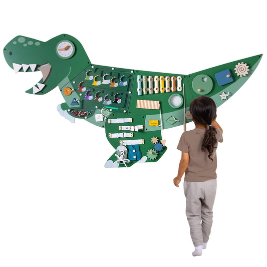 PATHFINDER PANDAS dinosaur wall panel closeup highlights interactive elements for motor skill practice.