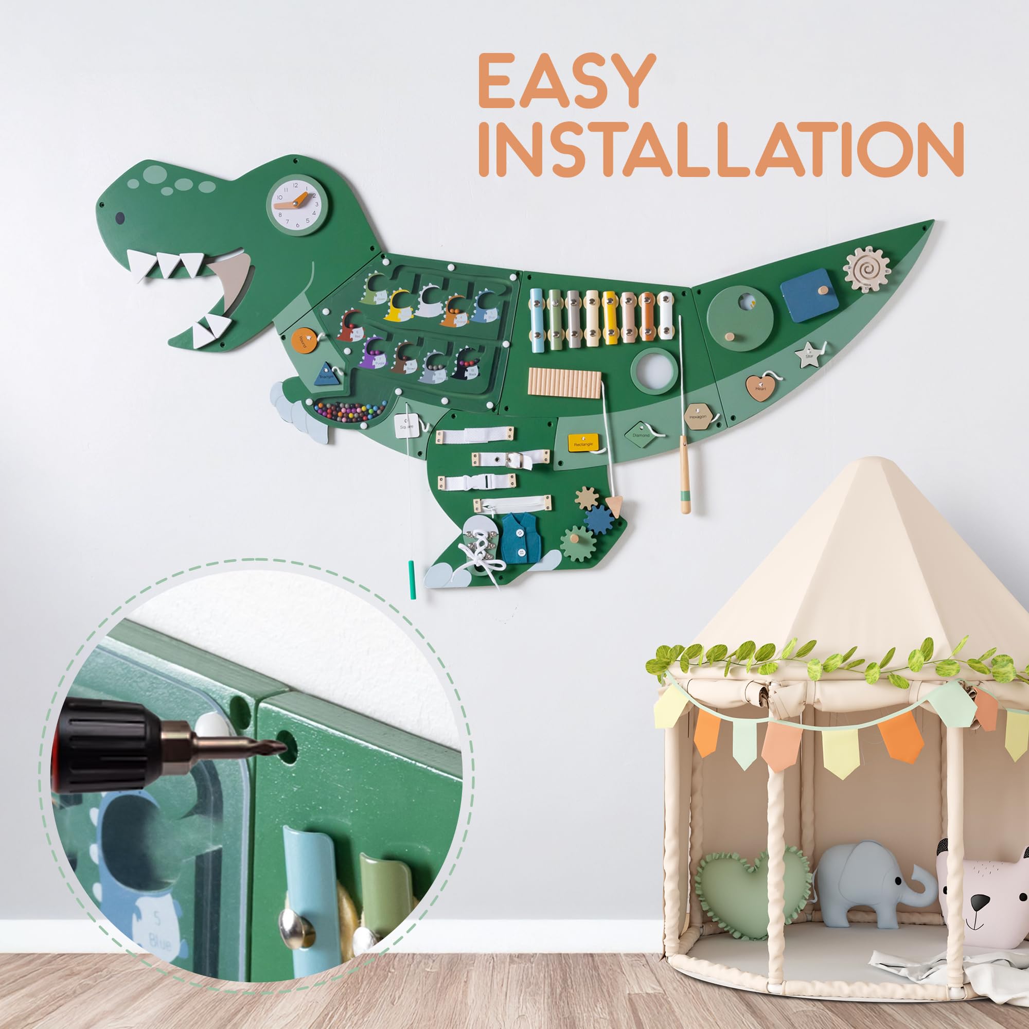 PATHFINDER PANDAS dinosaur wall panel Montessori setup supports independent learning and focus.