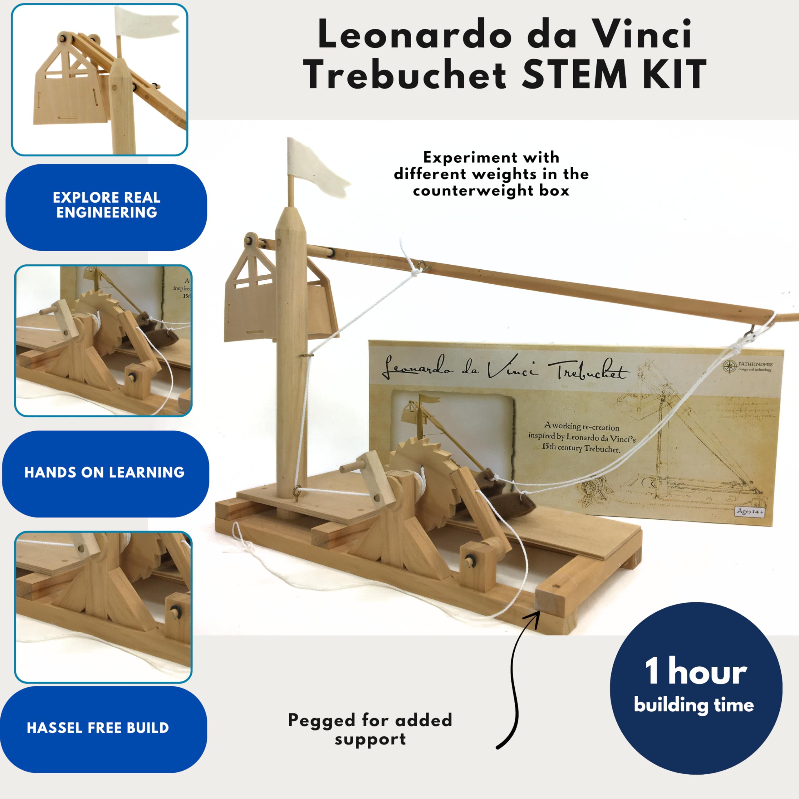 Pathfinders Leonardo da Vinci Trebuchet functional throwing arm demonstrates mechanical action for hands-on learning.