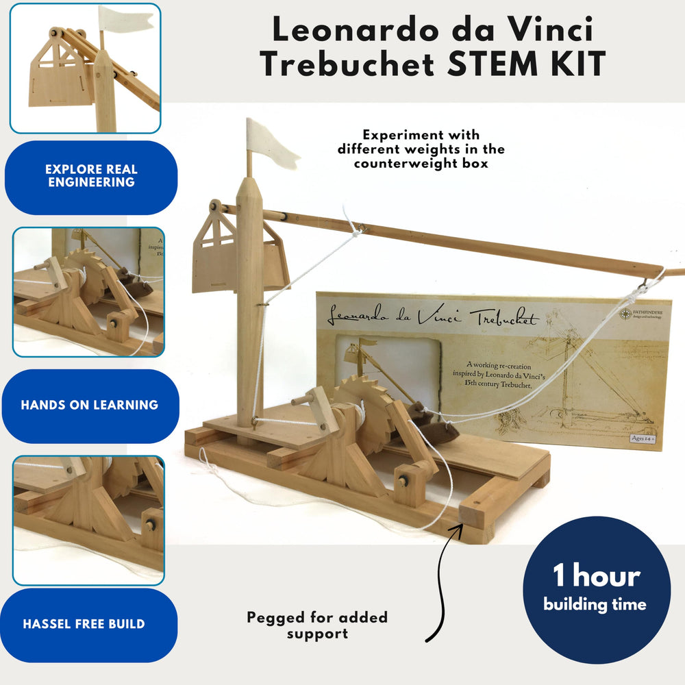 Pathfinders Leonardo da Vinci Trebuchet functional throwing arm demonstrates mechanical action for hands-on learning.