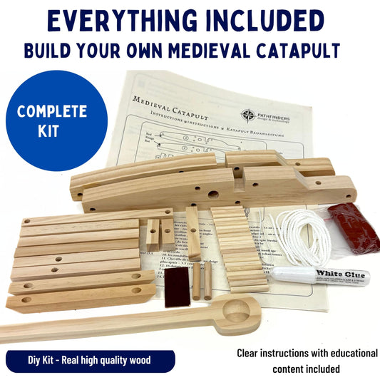 Pathfinders Wooden Catapult Parts laid out for precise construction