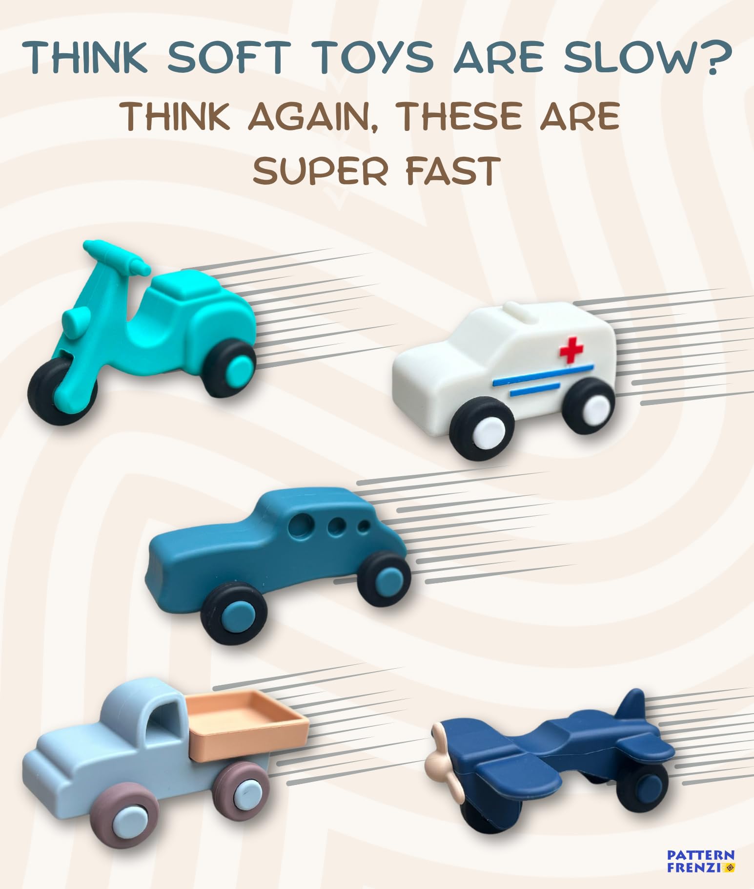 Pattern Frenzi silicone car toy, perfectly sized for small hands and imaginative play.