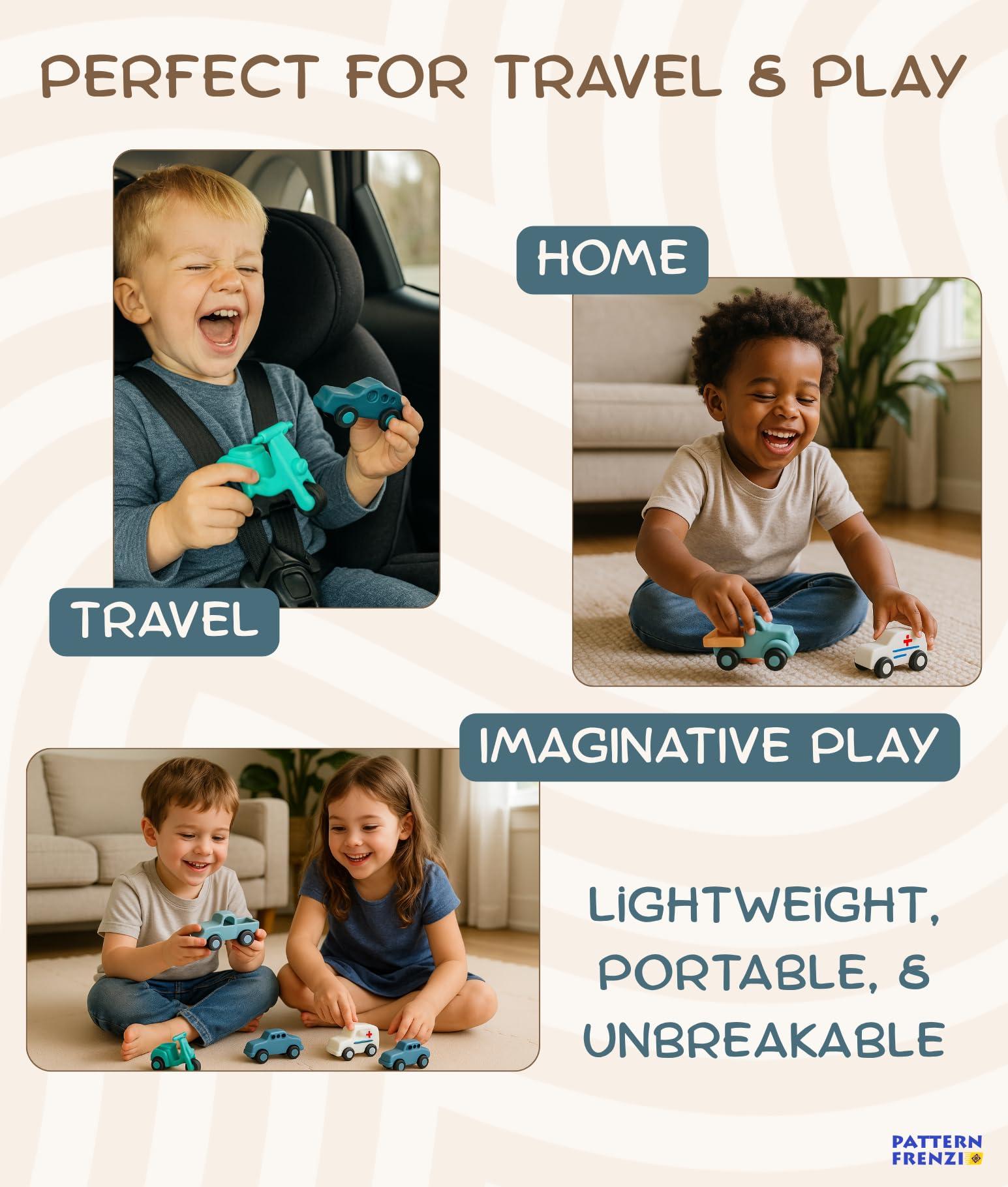 Pattern Frenzi silicone toys, durable and flexible to withstand busy play.