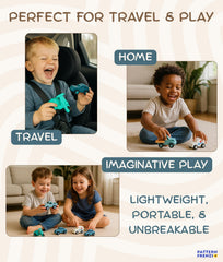 Pattern Frenzi silicone toys, durable and flexible to withstand busy play.