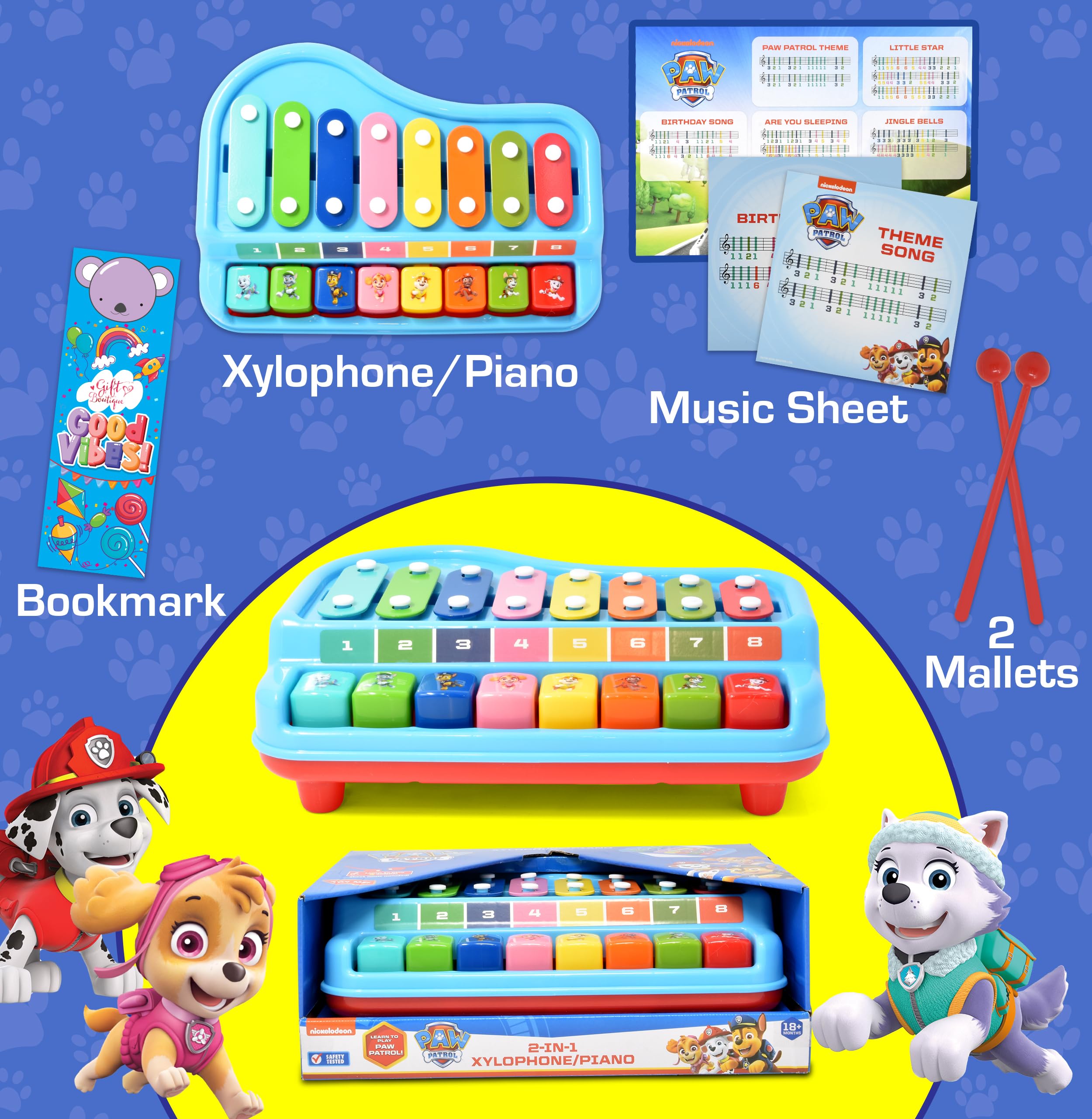 Paw Patrol 2-in-1 xylophone piano with two mallets included for tactile learning