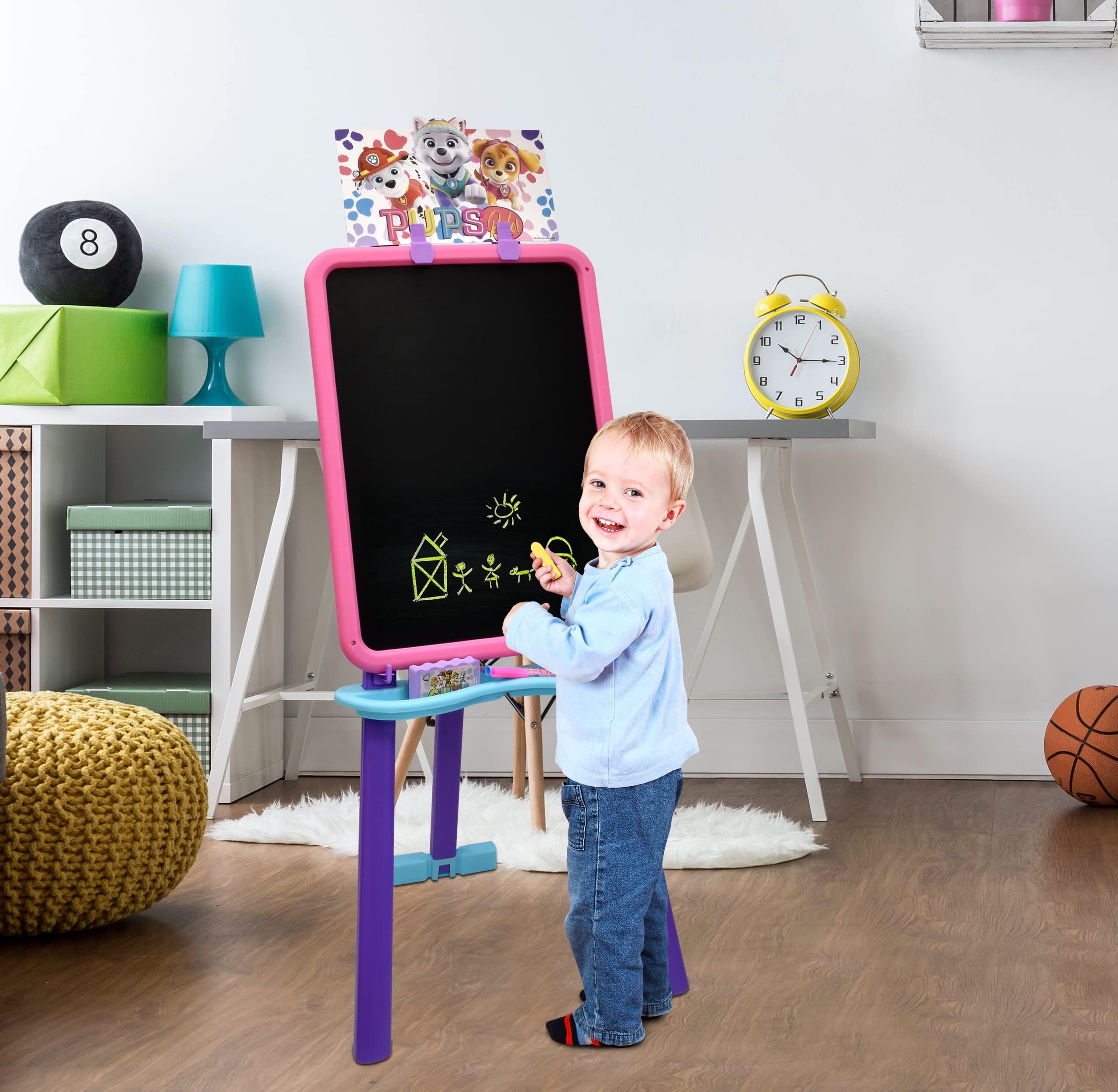 Paw Patrol eraser and markers stored in built-in tray for tidy sessions
