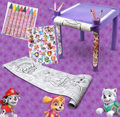 Paw Patrol table includes crayons for immediate coloring fun.