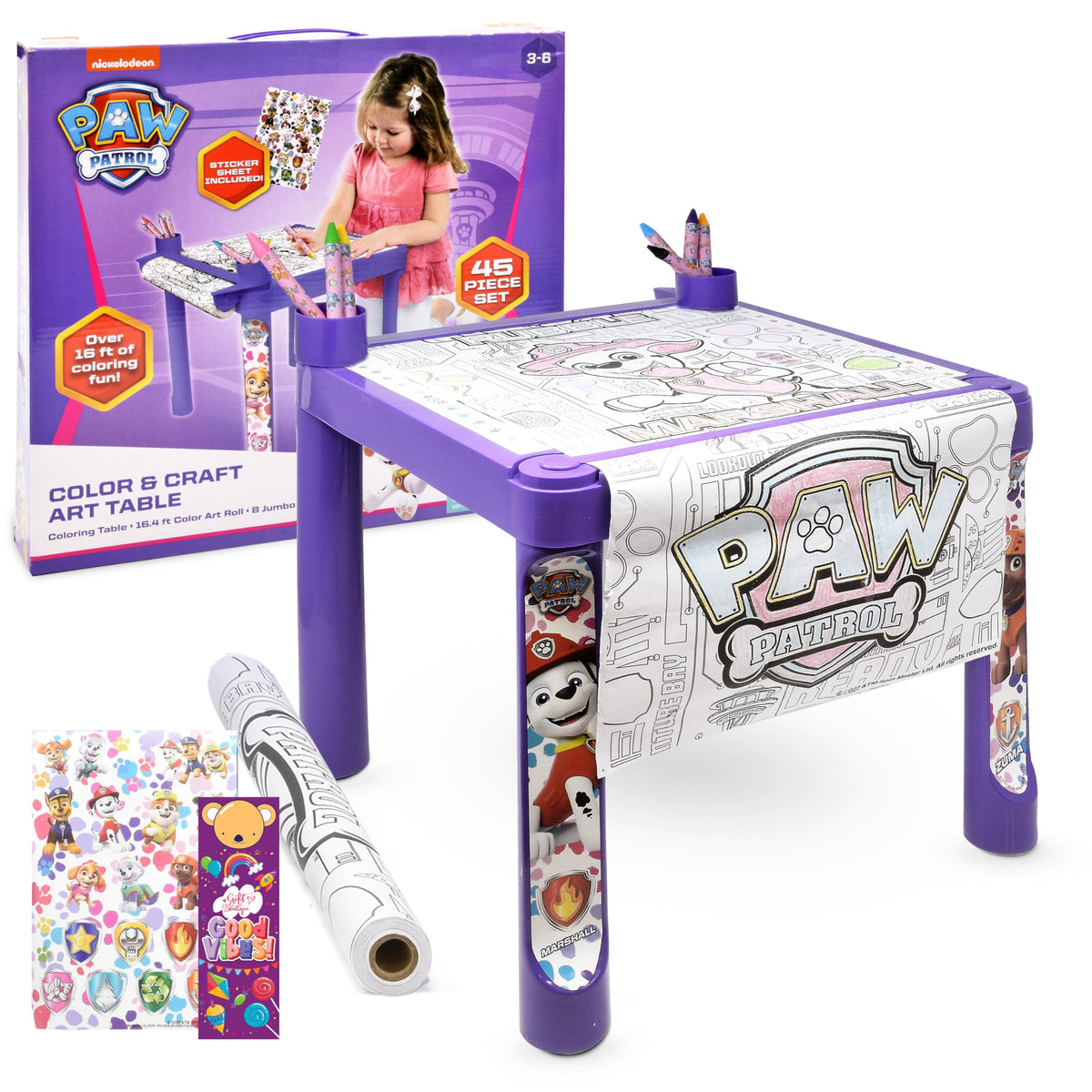 Paw Patrol coloring table in purple with stickers for creative play.